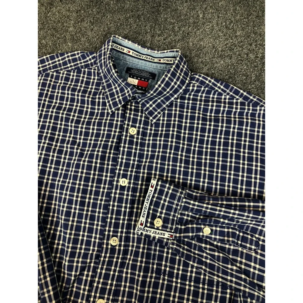 Tommy Jeans Mens Button Down Shirt Long‎ Sleeve Plaid Blue White Size L